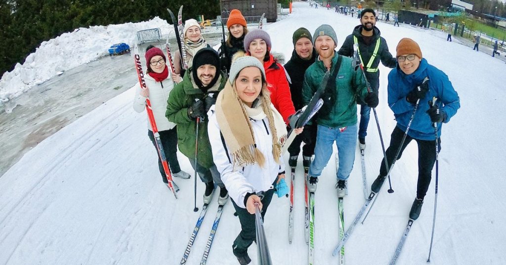 Finnish course students skiing